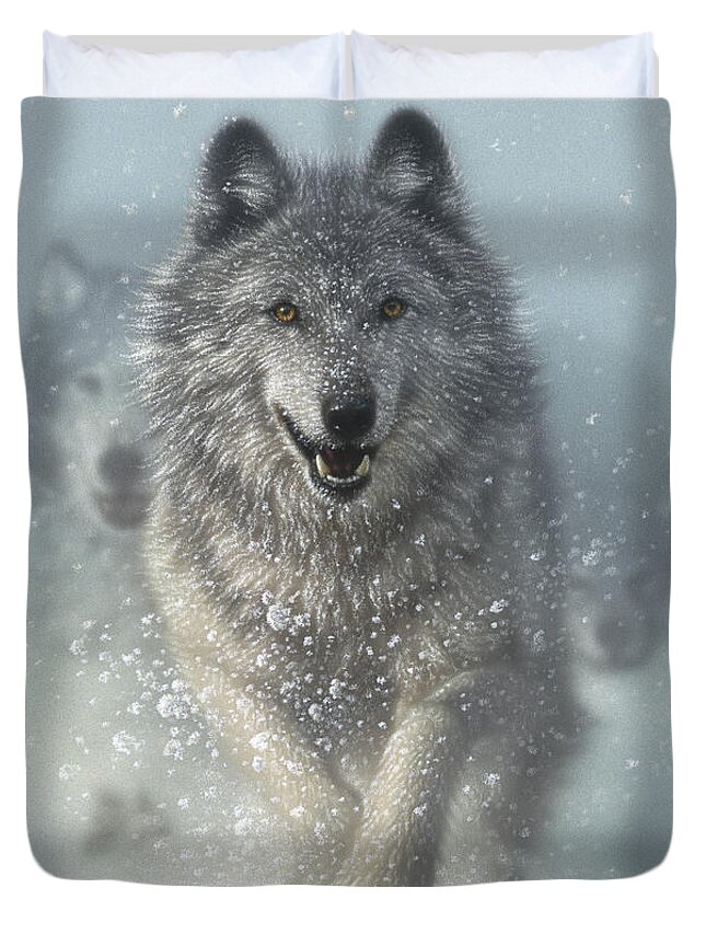 Wolf Art Duvet Cover featuring the painting Wolf Pack Running - Snow Plow by Collin Bogle