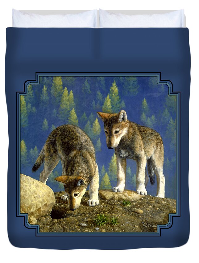 Wolf Duvet Cover featuring the painting Wolf Pups - Anybody Home by Crista Forest