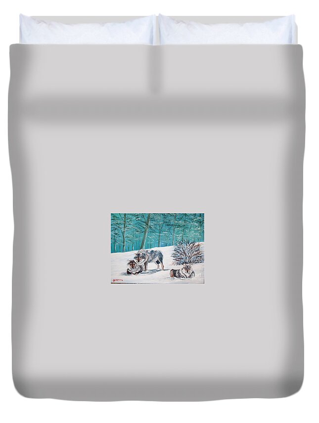 Wolves Duvet Cover featuring the painting Wolves in the wild by Jean Pierre Bergoeing