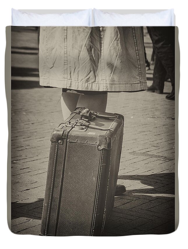 Woman Duvet Cover featuring the photograph Woman of the 1940's waiting with suitcase by Patricia Hofmeester