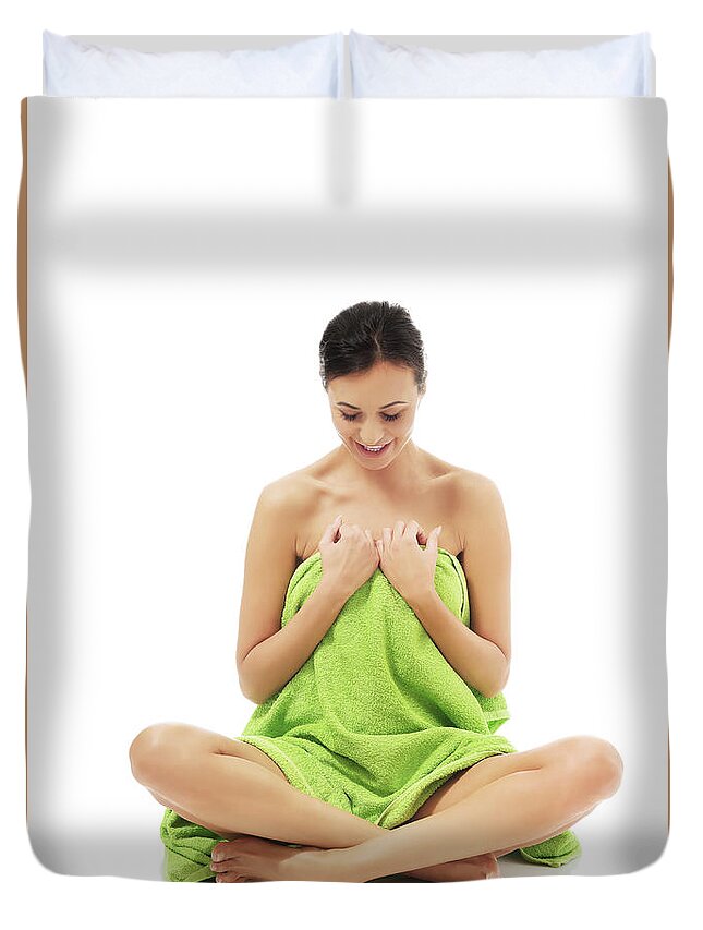 Woman sitting cross-legged wrapped in towel Duvet Cover by Piotr Marcinski  - Pixels