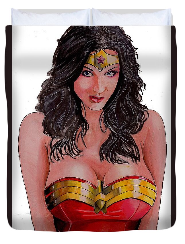 Wonder Duvet Cover featuring the drawing Wonder Woman 3 by Bill Richards