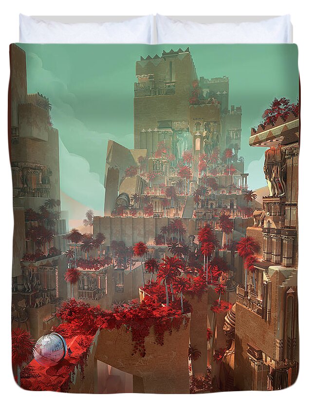 Landscape Duvet Cover featuring the digital art Wonders Hanging Garden Of Babylon by Te Hu