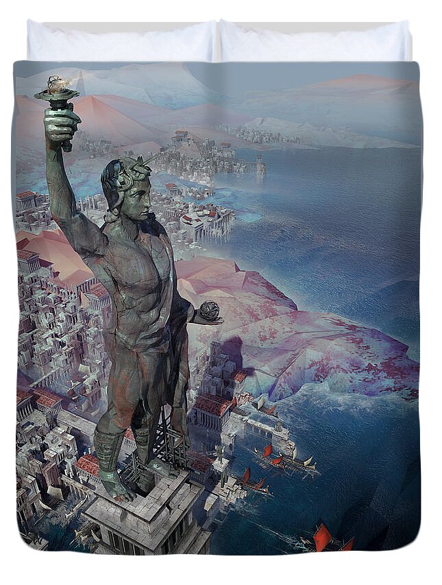 Landscape Duvet Cover featuring the digital art wonders the Colossus of Rhodes by Te Hu