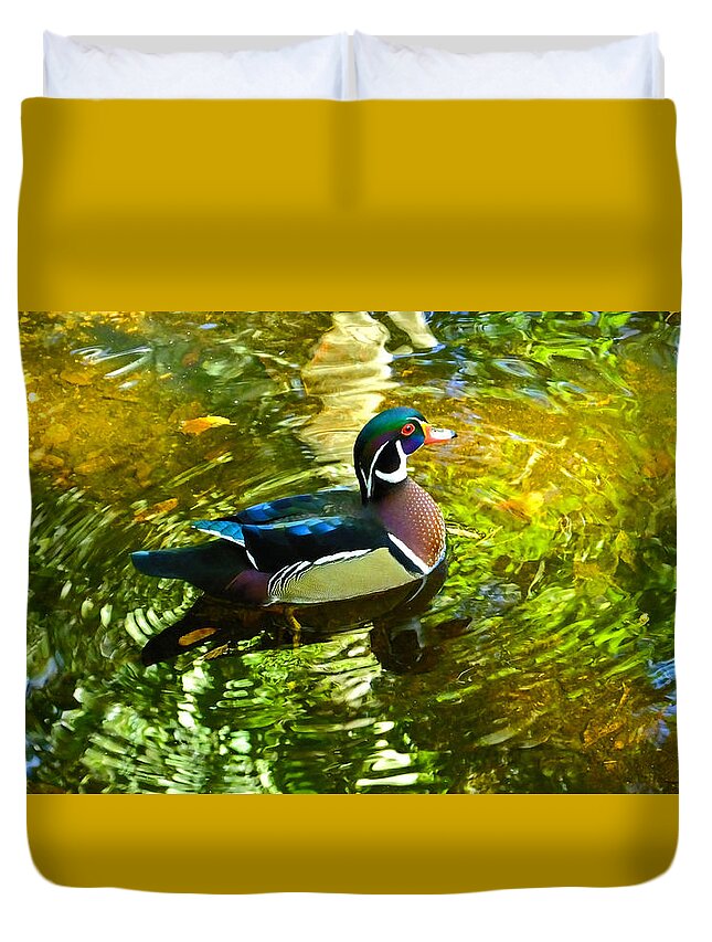 Painted Wood Duck Duvet Cover featuring the photograph Wood Duck in Lights by Judy Wanamaker