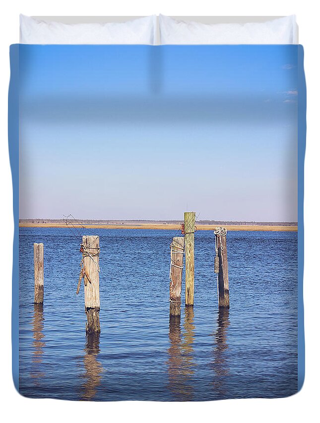 Wood Duvet Cover featuring the photograph Wood Pilings on the Mullica River by Colleen Kammerer