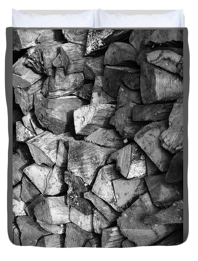 Abstract Wood Shed Store Sawn Chopped Firewood Kindling Shapes Sizes Monochrome Textures Stacked Duvet Cover featuring the photograph Wood Store Monochrome by Jeff Townsend