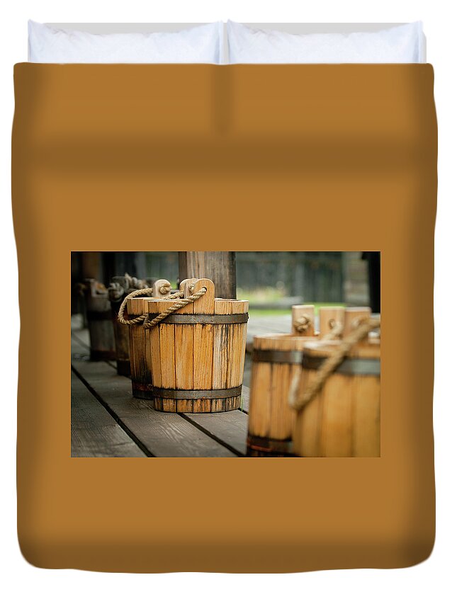 Wooden Bucket Duvet Cover featuring the photograph Wooden Buckets by Rich S