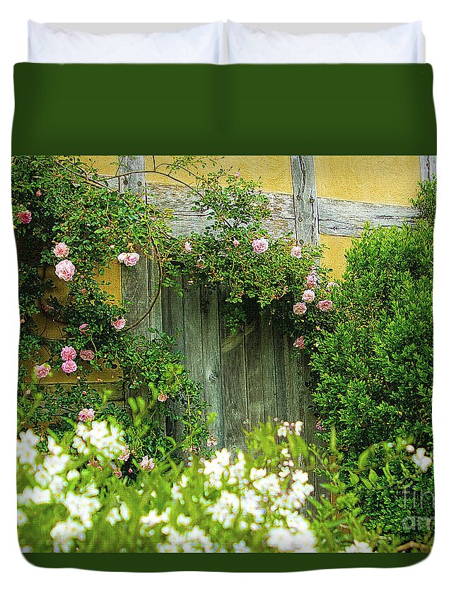 Vintage Duvet Cover featuring the photograph Wooden Door Climbing Roses Secret Garden by Beverly Claire Kaiya