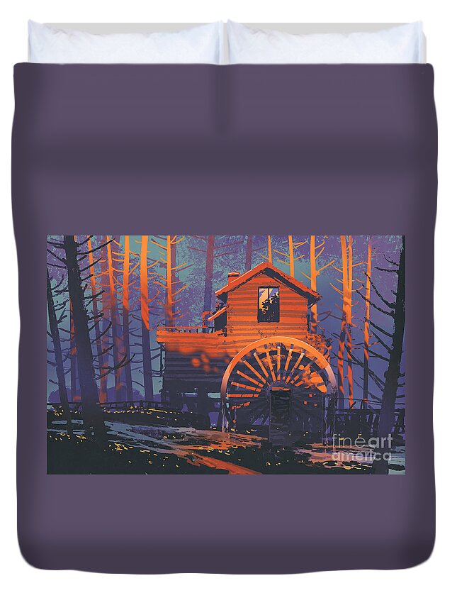 Acrylic Duvet Cover featuring the painting Wooden House by Tithi Luadthong