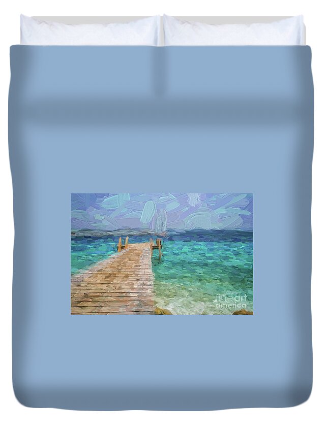 Boat Duvet Cover featuring the digital art Wooden jetty and boat by Patricia Hofmeester