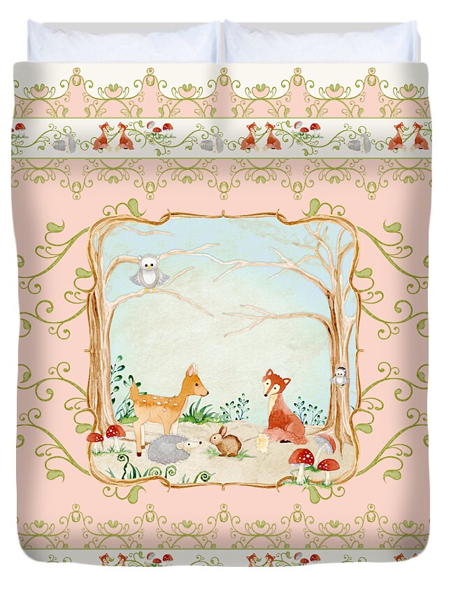 Wood Duvet Cover featuring the painting Woodland Fairy Tale - Blush Pink Forest Gathering of Woodland Animals by Audrey Jeanne Roberts