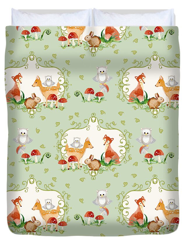 Trendy Duvet Cover featuring the painting Woodland Fairy Tale - Mint Green Sweet Animals Fox Deer Rabbit owl - Half Drop Repeat by Audrey Jeanne Roberts