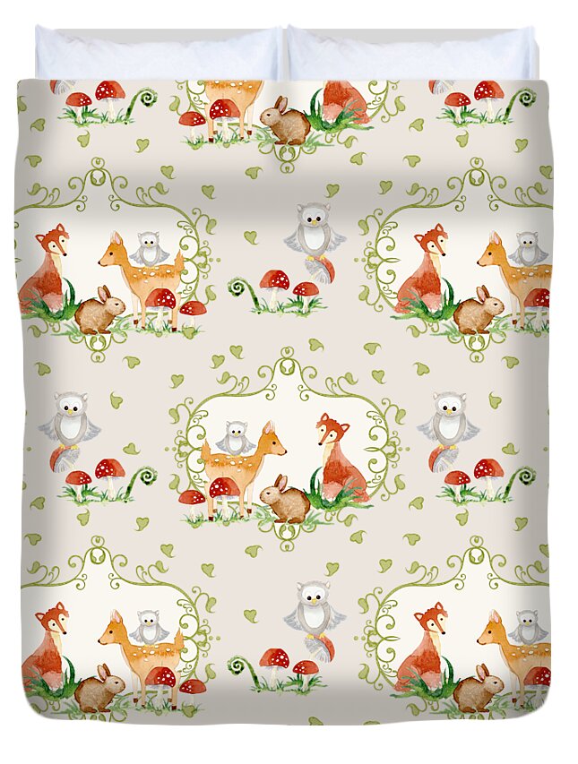Grey Duvet Cover featuring the painting Woodland Fairy Tale - Warm Grey Sweet Animals Fox Deer Rabbit owl - Half Drop Repeat by Audrey Jeanne Roberts