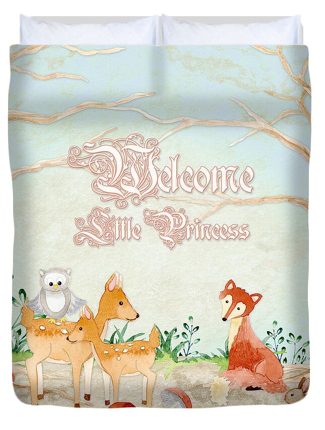 Woodchuck Duvet Cover featuring the painting Woodland Fairy Tale - Welcome Little Princess by Audrey Jeanne Roberts