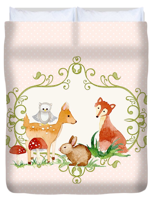 Woodland Duvet Cover featuring the painting Woodland Fairytale - Animals Deer Owl Fox Bunny n Mushrooms by Audrey Jeanne Roberts