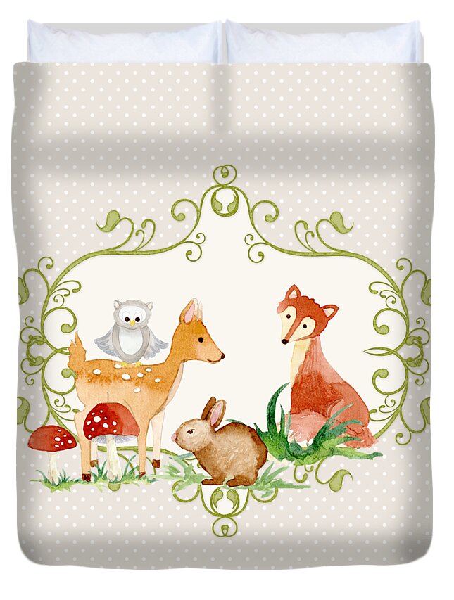 Grey Duvet Cover featuring the painting Woodland Fairytale - Grey Animals Deer Owl Fox Bunny n Mushrooms by Audrey Jeanne Roberts
