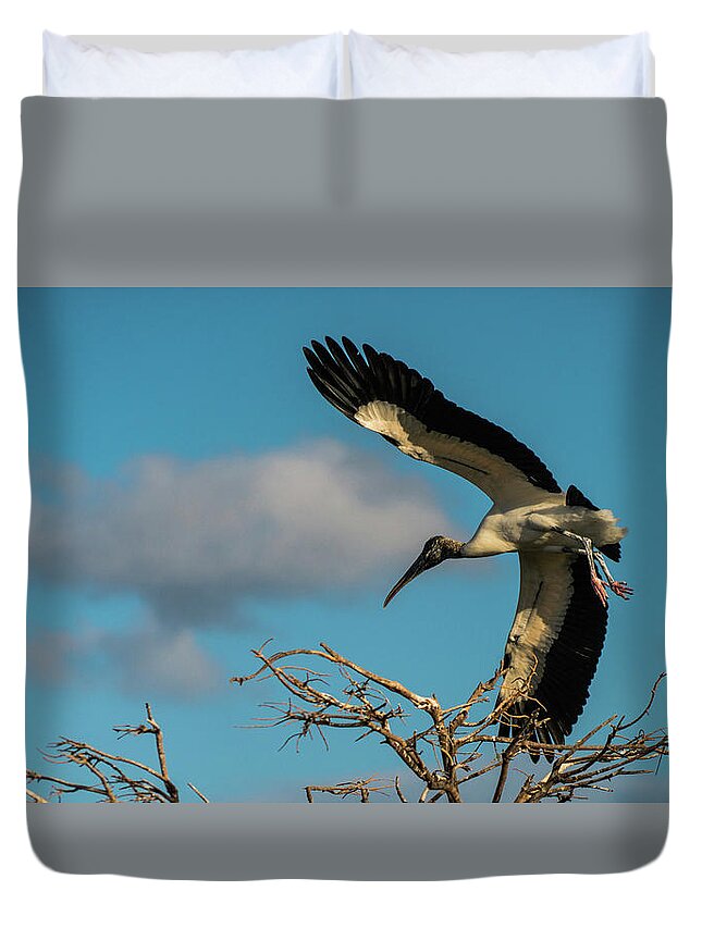 Florida Duvet Cover featuring the photograph Woodstork in Flight Delray Beach Florida by Lawrence S Richardson Jr