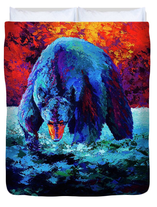 Bear Bears Black Cubs Grizzly Brown Alaska Hunter Forest Wildlife Western Duvet Cover featuring the painting Working The Shallows by Marion Rose