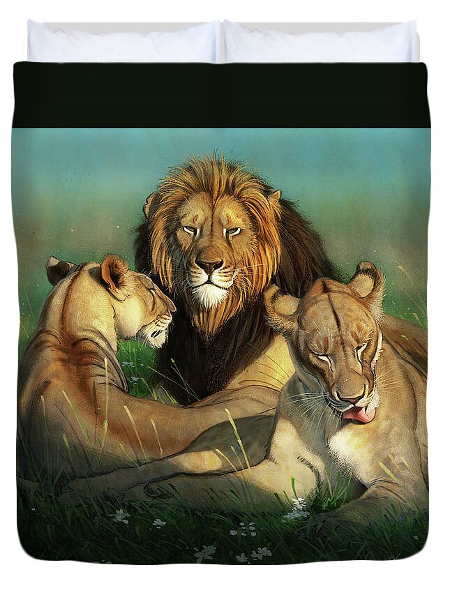 Lions Duvet Cover featuring the digital art World Lion Day by Aaron Blaise