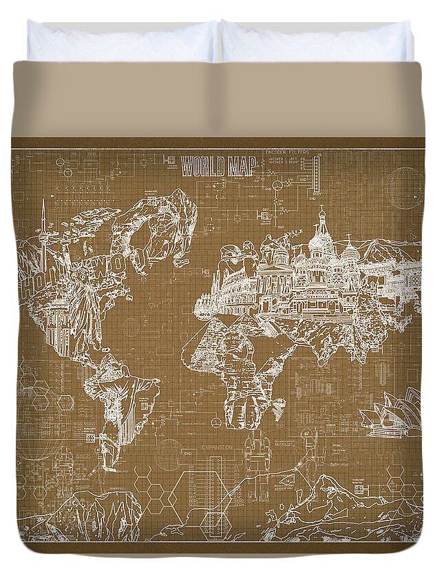 Map Of The World Duvet Cover featuring the digital art World Map Blueprint 4 by Bekim M