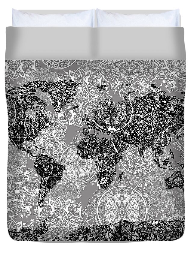 Map Of The World Duvet Cover featuring the digital art World Map Mandala Grey by Bekim M