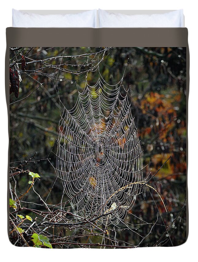 Spider Duvet Cover featuring the photograph World of webs by Paul Ross