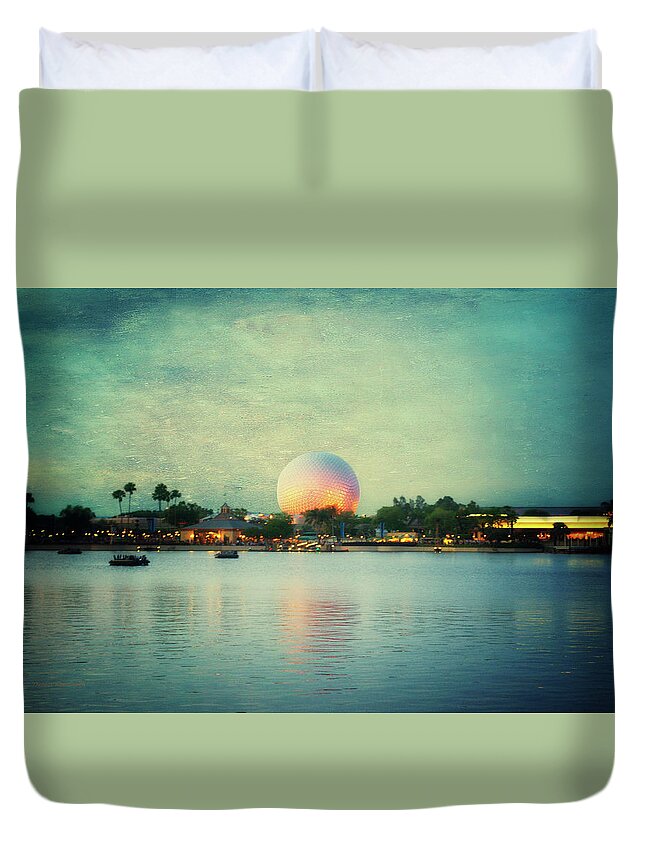 Castle Duvet Cover featuring the photograph World Showcase Lagoon Disney World During Sundown Textured Sky MP by Thomas Woolworth