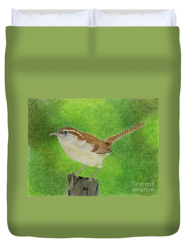 Wren Duvet Cover featuring the drawing Wren by Jackie Irwin