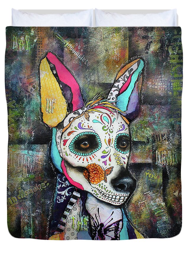 Xolo Dog Duvet Cover featuring the mixed media Xolo Mexican Hairless Day of the Dead by Patricia Lintner