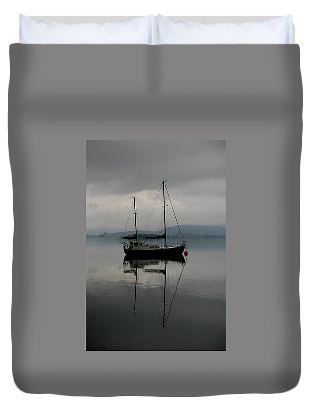 Seascapes Duvet Cover featuring the photograph Yacht At Silent Moorings by Lee Stickels