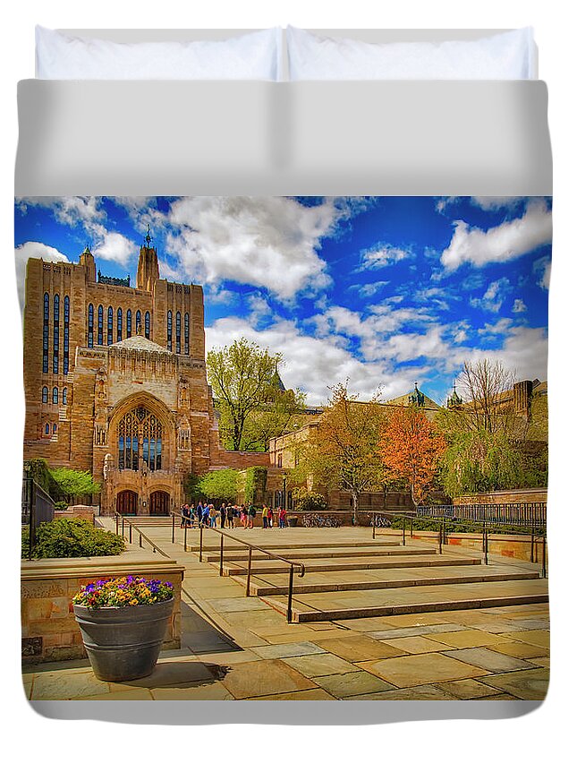 Yale University Duvet Cover featuring the photograph Yale University Sterling Library II by Susan Candelario