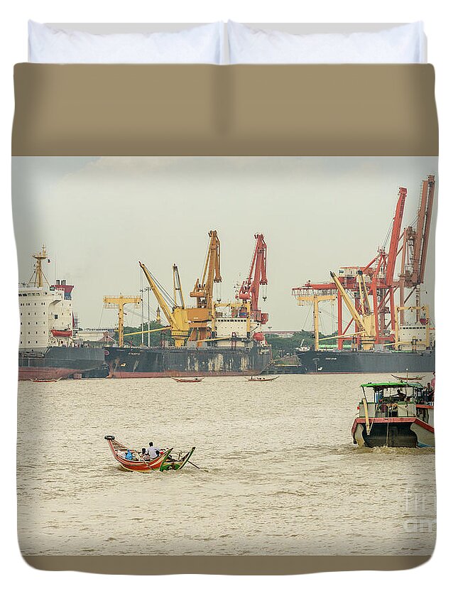 Ship Duvet Cover featuring the photograph Yangon Waterfront 2 by Werner Padarin