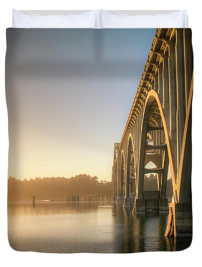 Architecture Duvet Cover featuring the photograph Yaquina Bay Bridge - Golden Light 0634 by Kristina Rinell