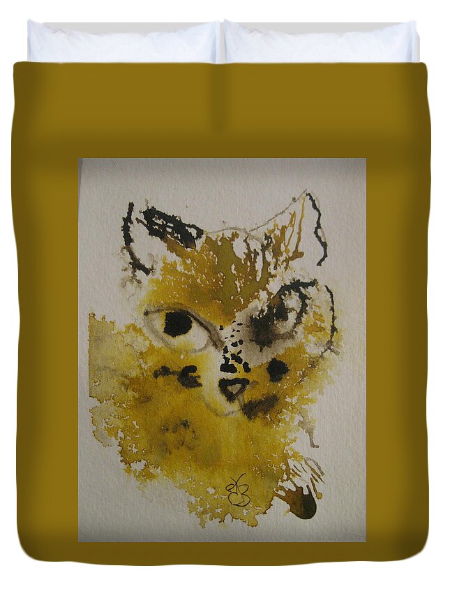 Yellow Duvet Cover featuring the drawing Yellow And Brown Cat by AJ Brown