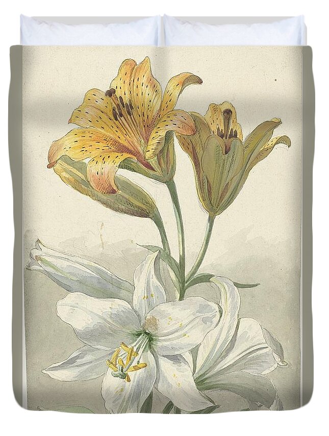 Yellow And White Lilies Duvet Cover featuring the painting Yellow and White Lilies by Willem van