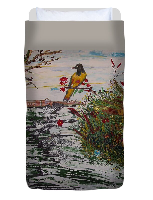 Bird Duvet Cover featuring the painting Yellow Bird by Sima Amid Wewetzer