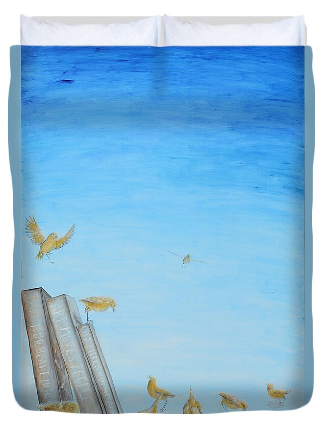 Canaries Duvet Cover featuring the painting Yellow Birds in the Blue3 by Nik Helbig