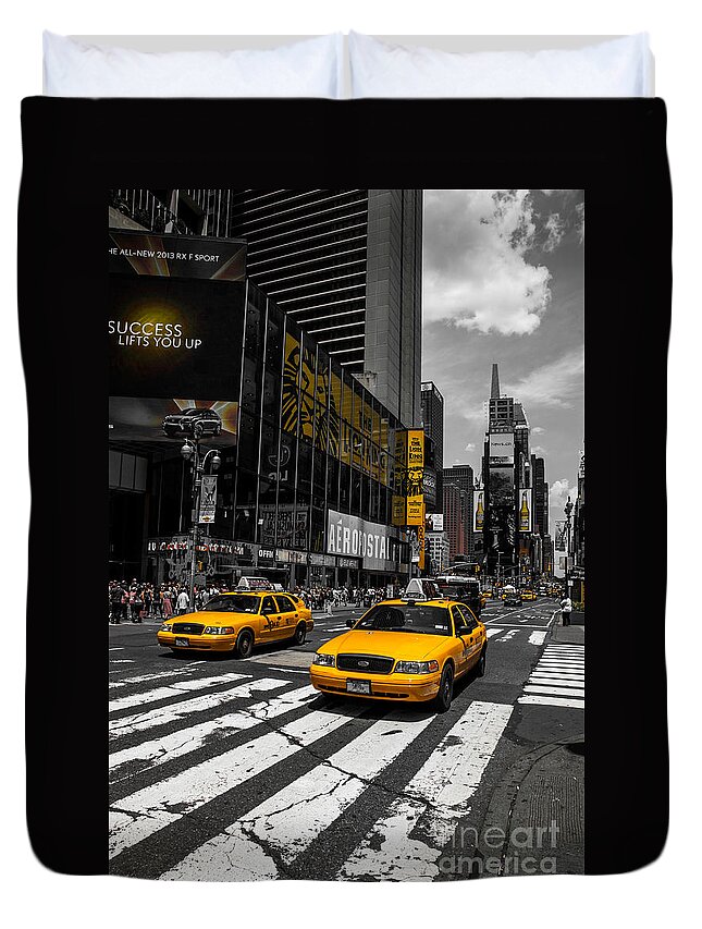 Manhattan Duvet Cover featuring the photograph Yellow Cabs cruisin on the Times Square by Hannes Cmarits