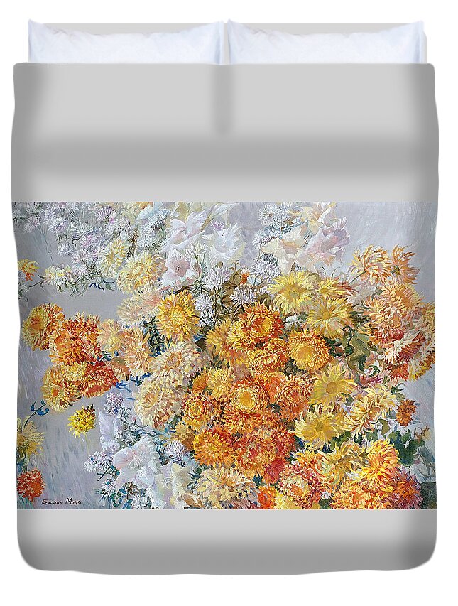 Maya Gusarina Duvet Cover featuring the painting Yellow Chrysanthemum by Maya Gusarina