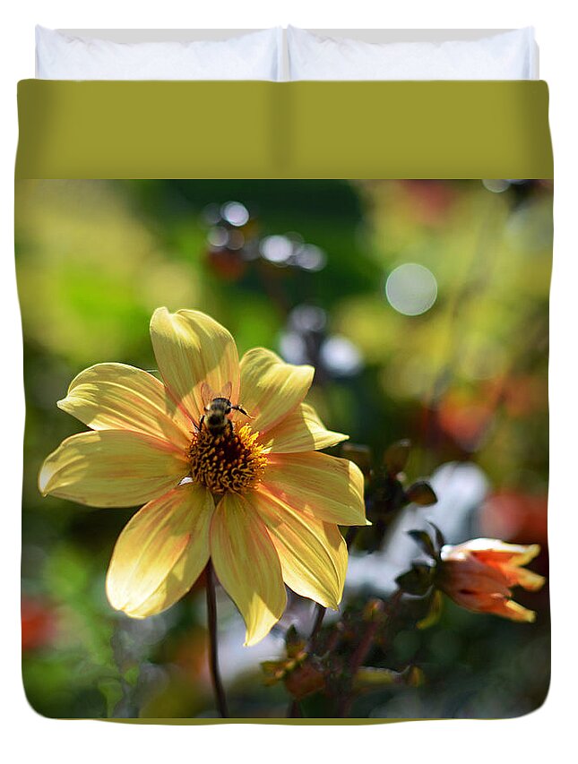Yellow Blossom Duvet Cover featuring the photograph Yellow Daisy Flower and Bee by Connie Fox
