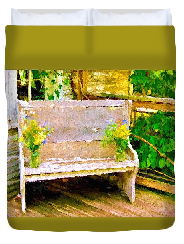 Porch Duvet Cover featuring the photograph Yellow Flowers on Porch Bench by Ginger Wakem