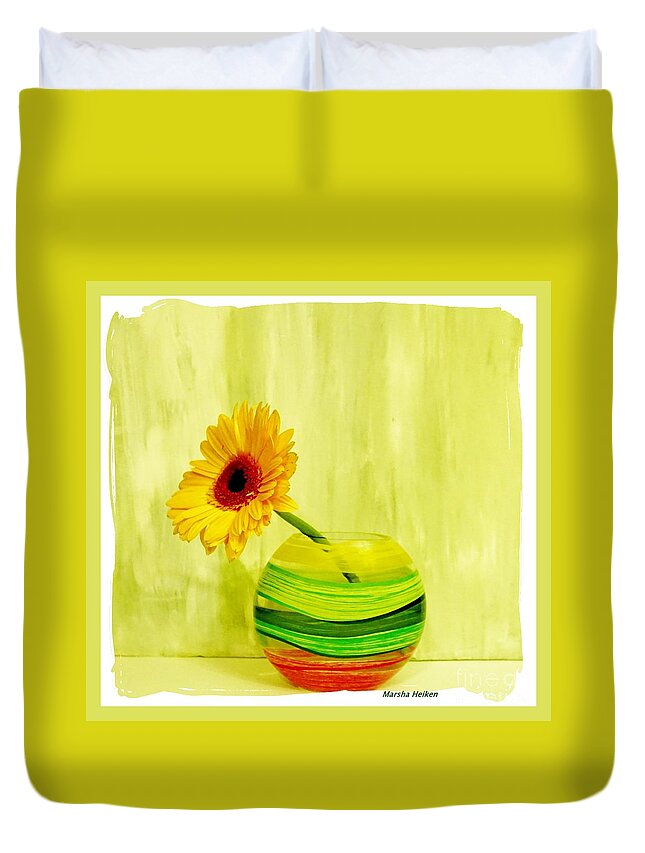 Photo Duvet Cover featuring the photograph Yellow Gerber Matching Vase by Marsha Heiken
