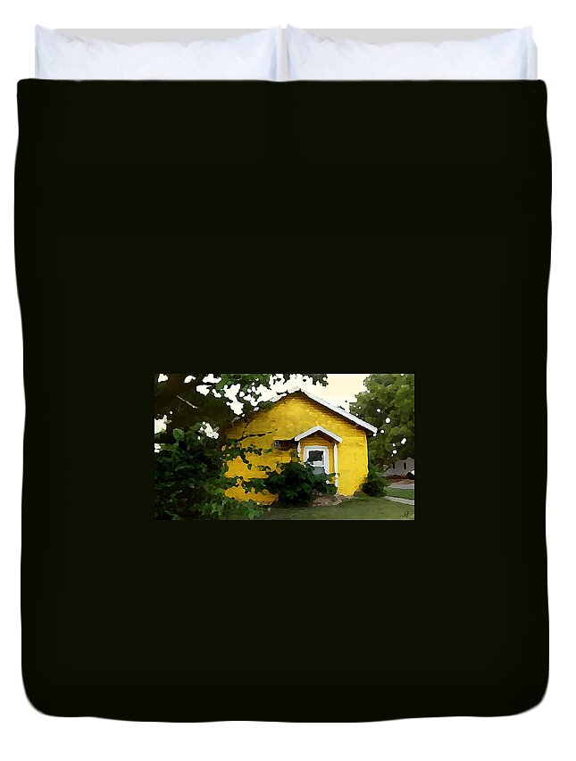 Yellow Duvet Cover featuring the mixed media Yellow House in Shantytown by Shelli Fitzpatrick