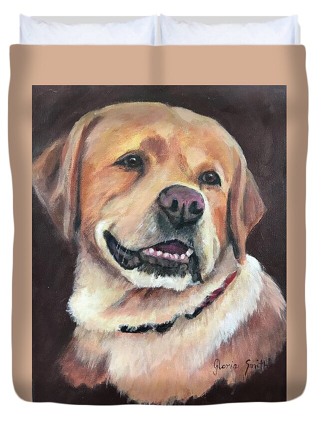 Dog Duvet Cover featuring the painting Yellow Lab by Gloria Smith