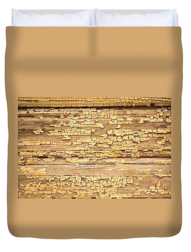 Abstract Duvet Cover featuring the photograph Yellow Painted Aged Wood by John Williams