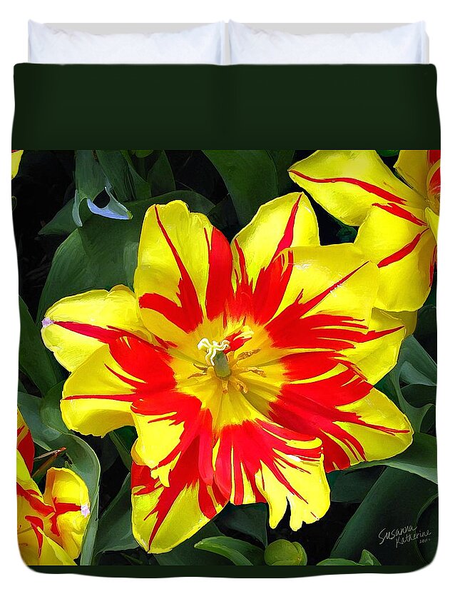 Flower Print On Canvas Duvet Cover featuring the painting Yellow Red Flower by Susanna Katherine