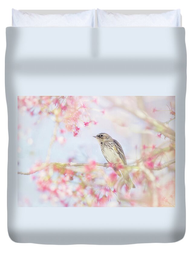 Yellow-rumped Warbler Duvet Cover featuring the photograph Yellow-Rumped Warbler in Spring Blossoms by Susan Gary
