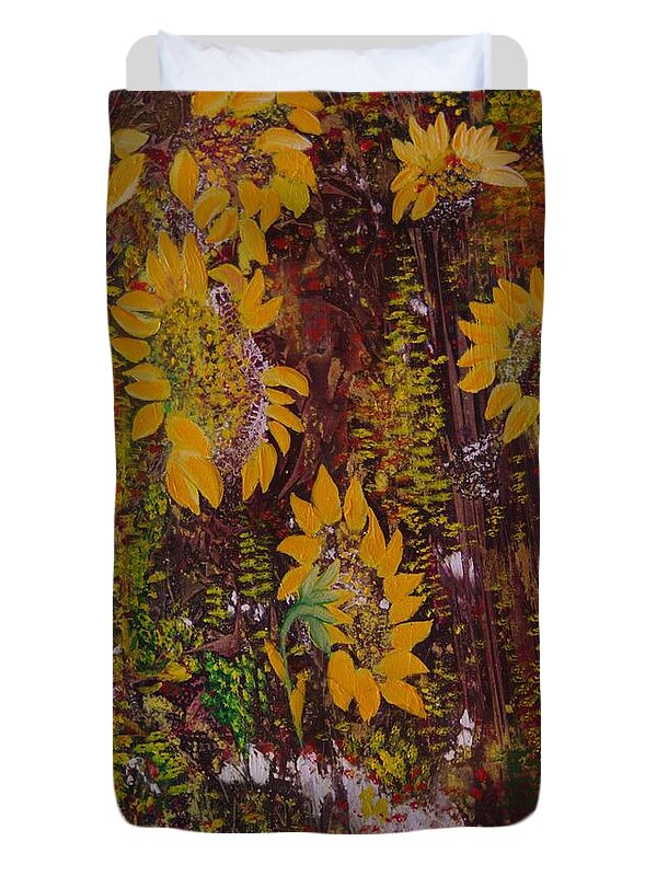 Sun Flowers Duvet Cover featuring the painting Yellow Sunflowers by Sima Amid Wewetzer