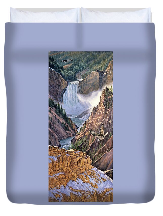 Yellowstone Park Duvet Cover featuring the painting Yellowstone Canyon-Osprey by Paul Krapf
